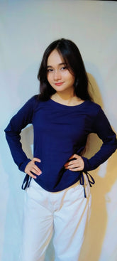 DRAWSTRING RUCHED SOLID FULL SLEEVE TEE-NAVY